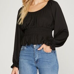 🟠NWT SHE + SKY Long Sleeve Smocked Top w/Back Tie in Black LARGE
